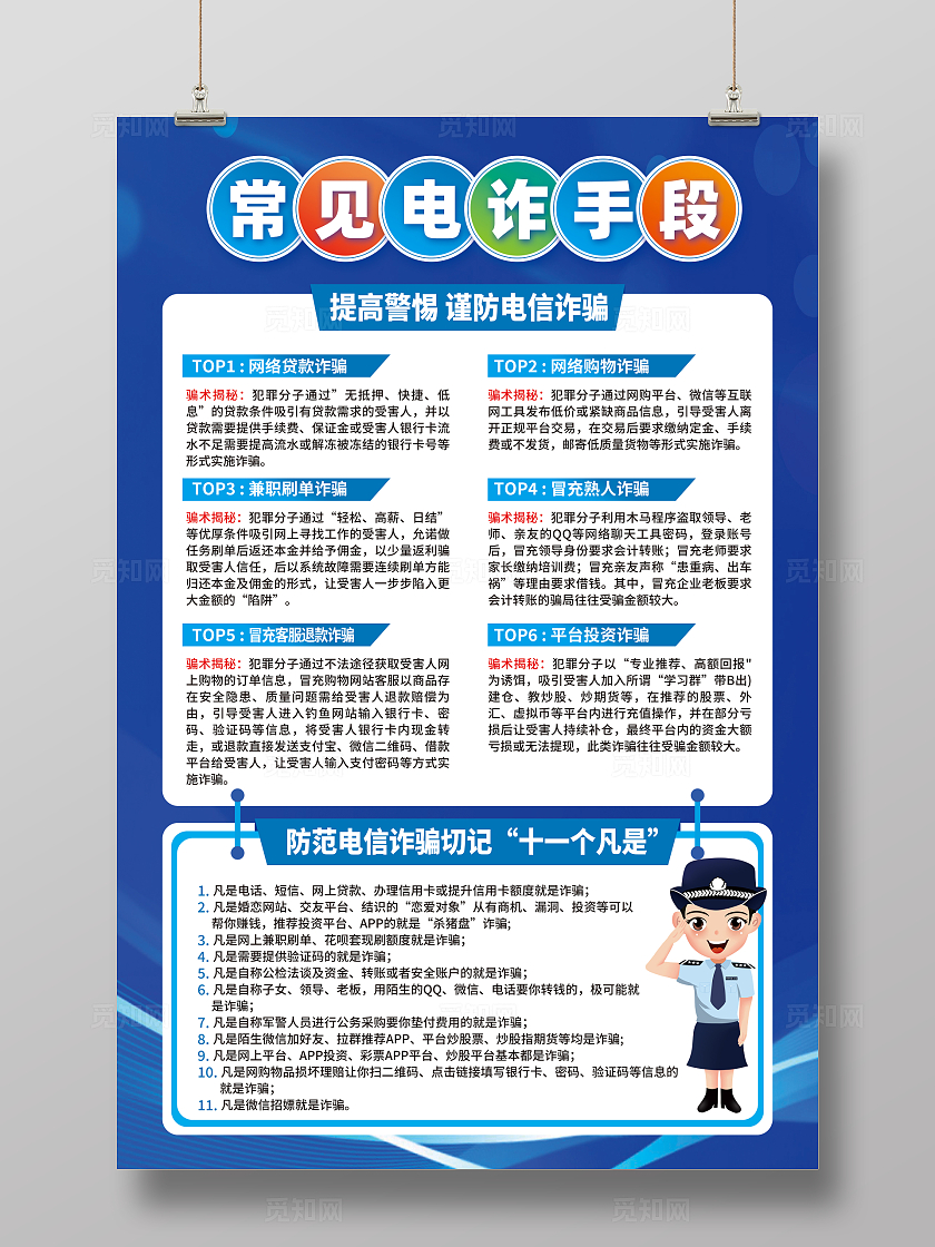 蓝色简约常见电炸手段全国防诈骗宣传日海报
