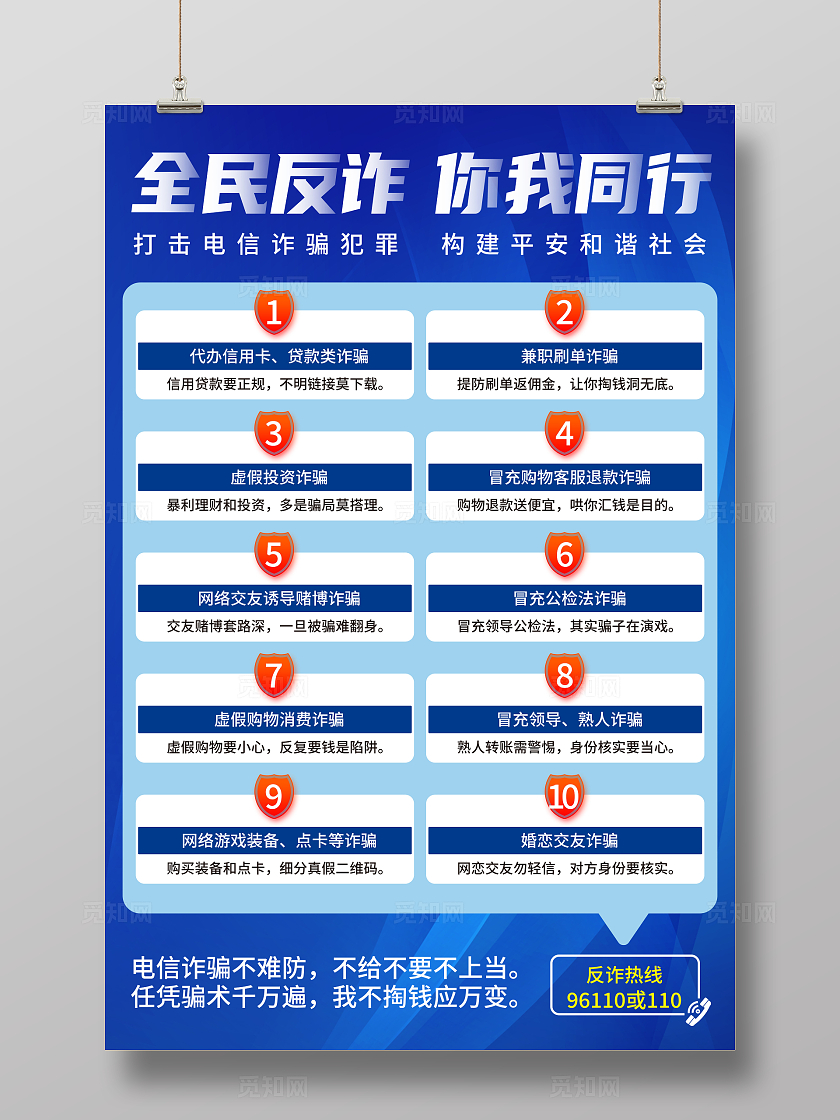 红色简约全民反诈你我同行全国防诈骗宣传日海报