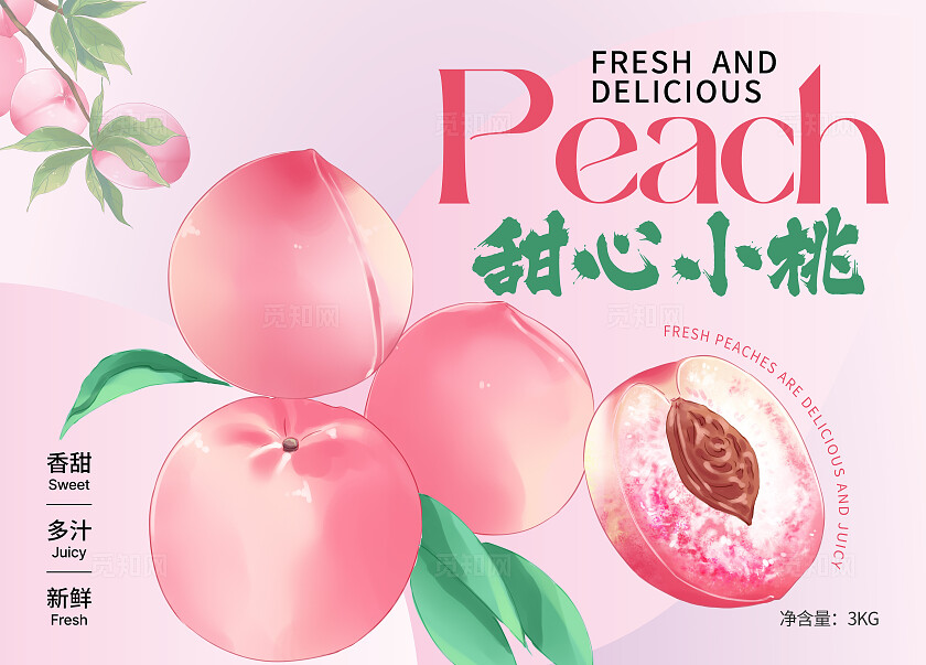 粉色插画桃子水蜜桃水果礼盒包装盒手提礼盒