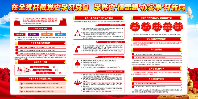 红色简约党史学习教育学党史悟思想办实事开新局党建展板宣传