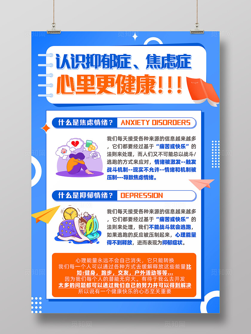 蓝色手绘风对抗焦虑心理文案海报