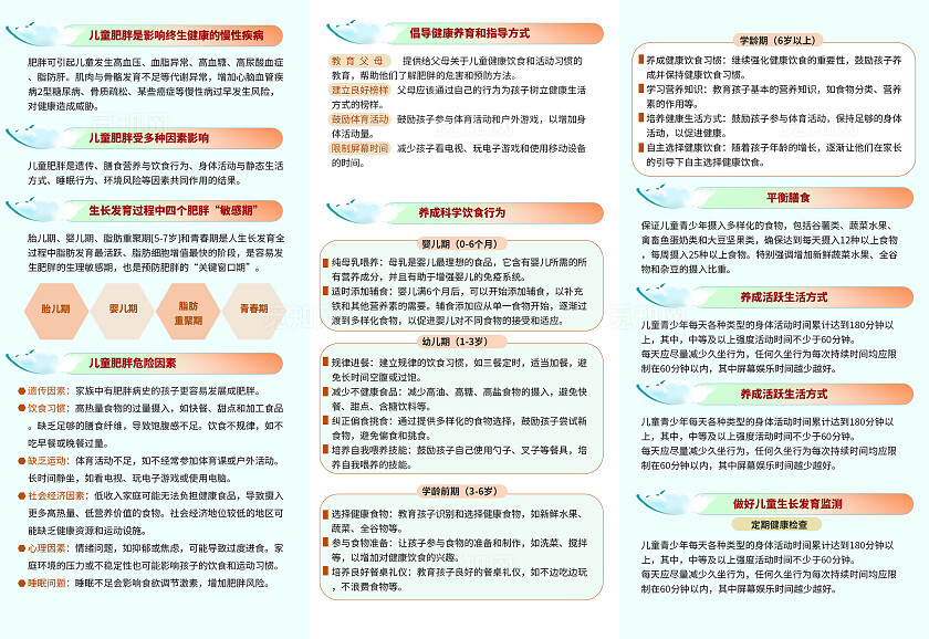 卡通插画儿童青少年肥胖防控核心知识与技能三折页儿童肥胖