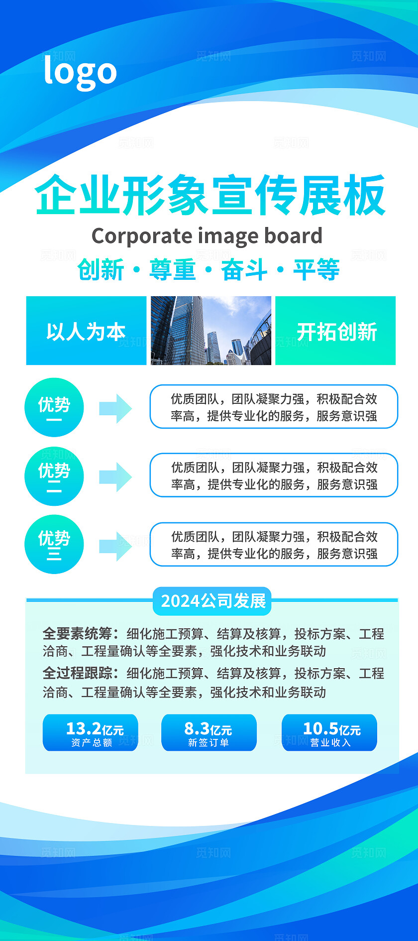 红色蓝色大气2024企业形象宣传展板企业文化