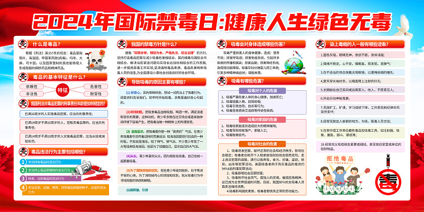 红色简约2024年国际禁毒日青少年吸毒禁毒宣传栏背景国际禁毒日宣传栏
