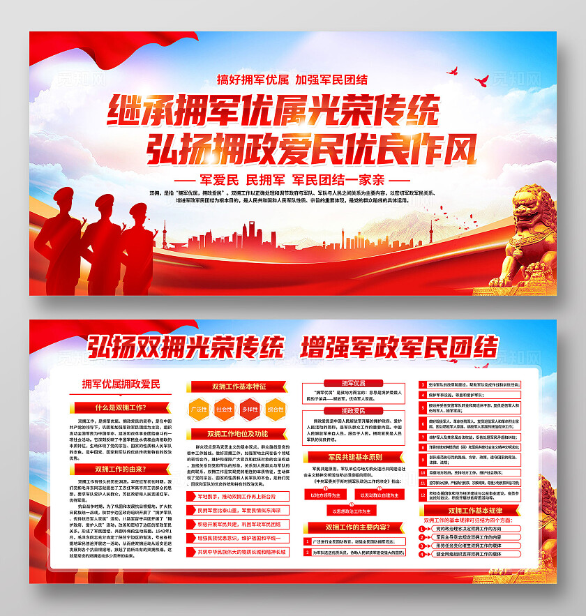红色简约继承拥军优属光荣传统拥军展板宣传