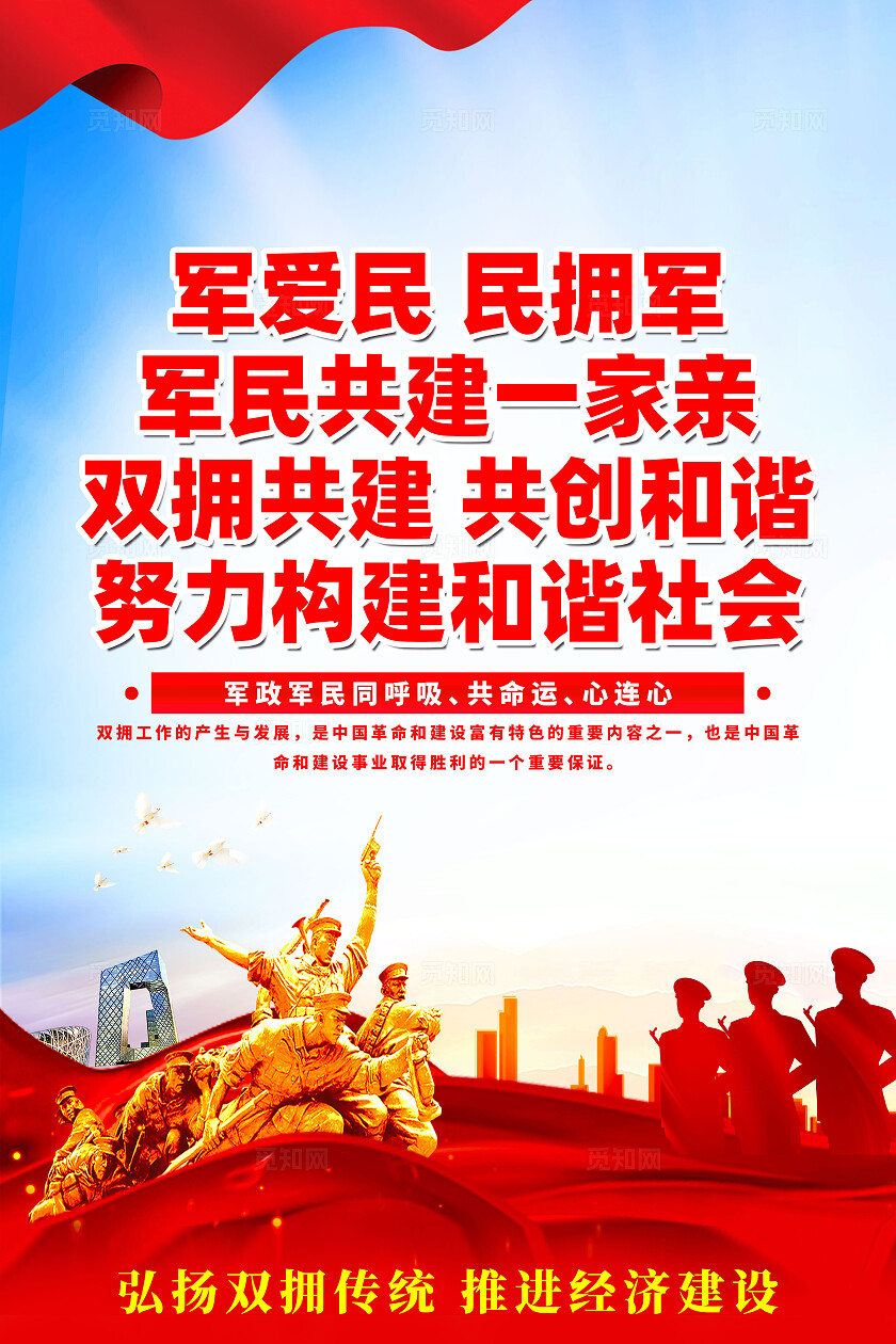 红色简约军爱民民拥军一家亲双拥海报宣传