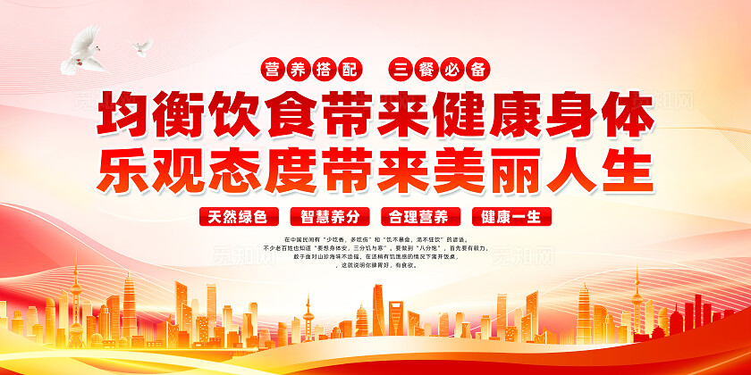 红色简约均衡饮食带来健康身体全国老年健康宣传周展板