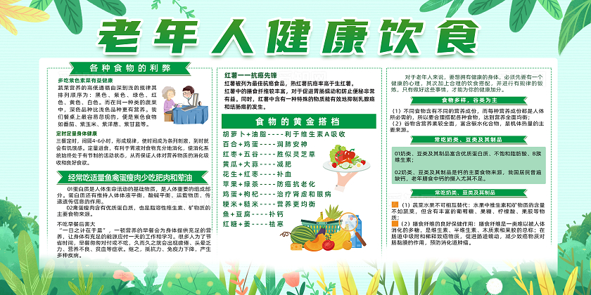 绿色卡通老年人健康饮食全国老年健康宣传周展板
