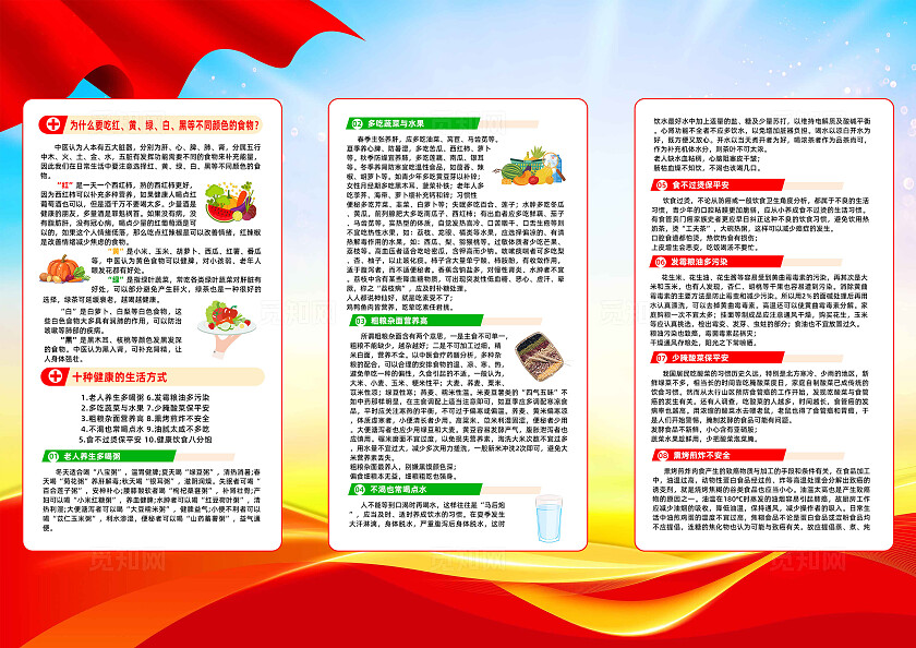 红色简约老年人饮食健康科普全国老年健康宣传周三折页