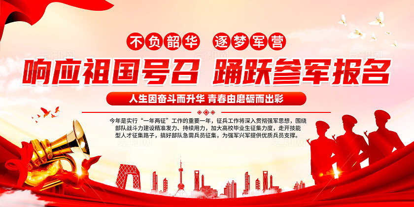 红色简约响应祖国号召踊跃参军报名征兵政策展板宣传