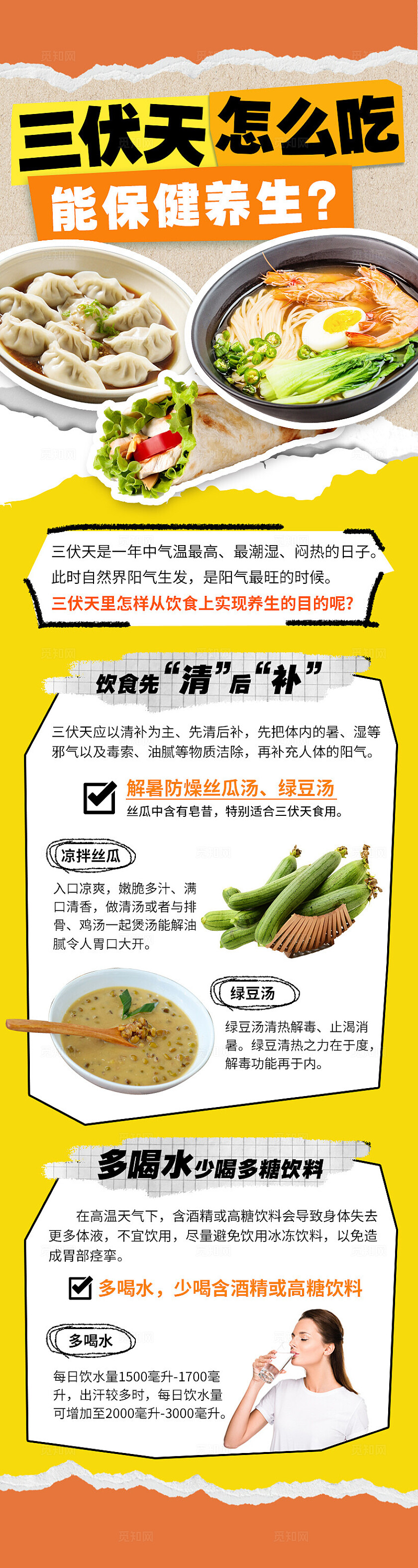 黄色拼贴风三伏天怎么吃能保健养生三伏养生长图