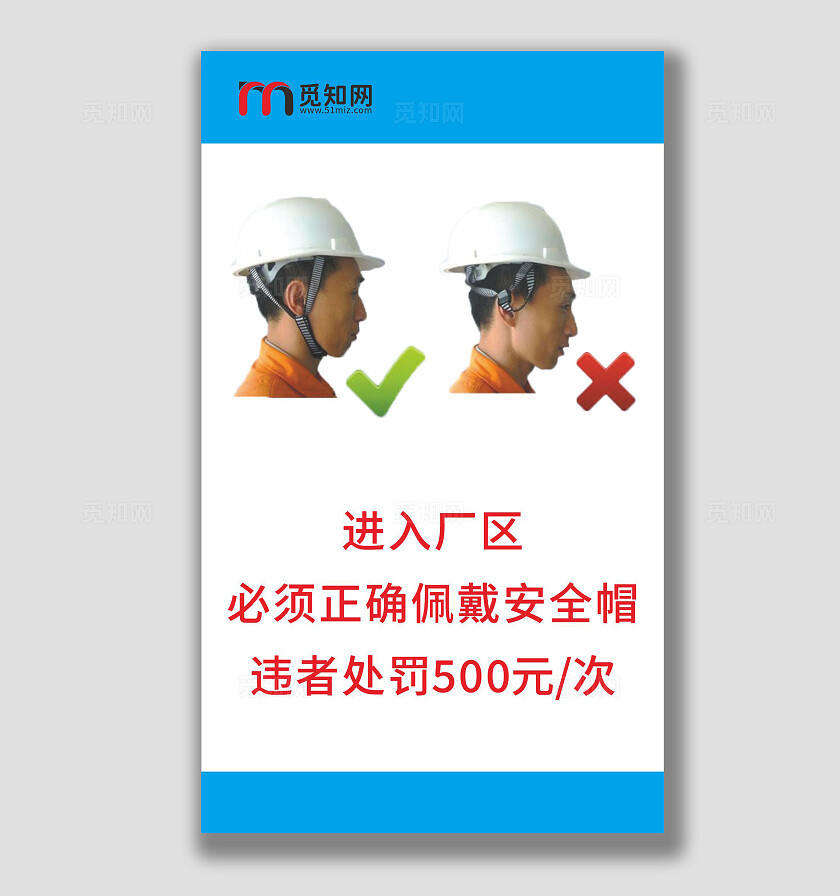蓝色红色警告正确佩戴安全帽工地注意标识图