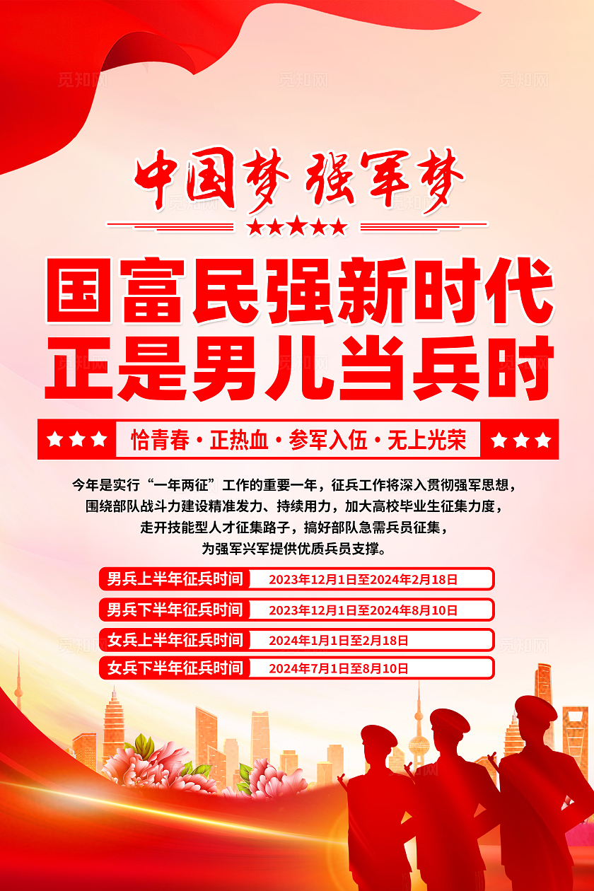 红色简约国富民强新时代正是男儿当兵时征兵参军宣传海报