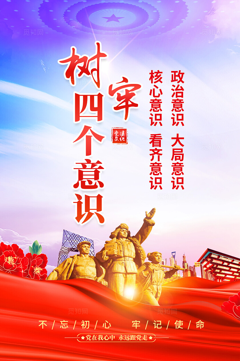 红色简约永远跟党走四个自信四个意识党建海报宣传