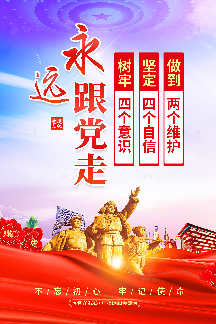 红色简约永远跟党走四个自信四个意识党建海报宣传