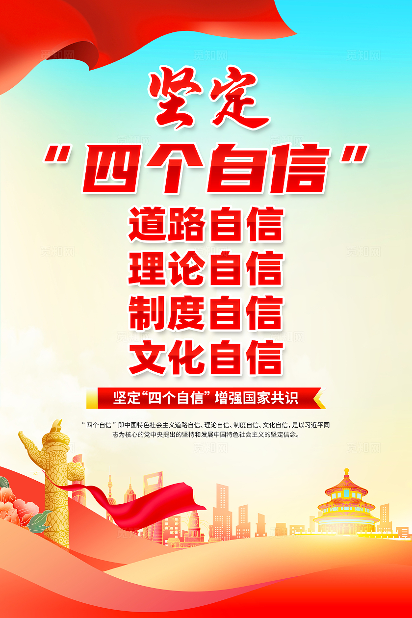 红色简约坚定四个自信四个意识党建海报宣传