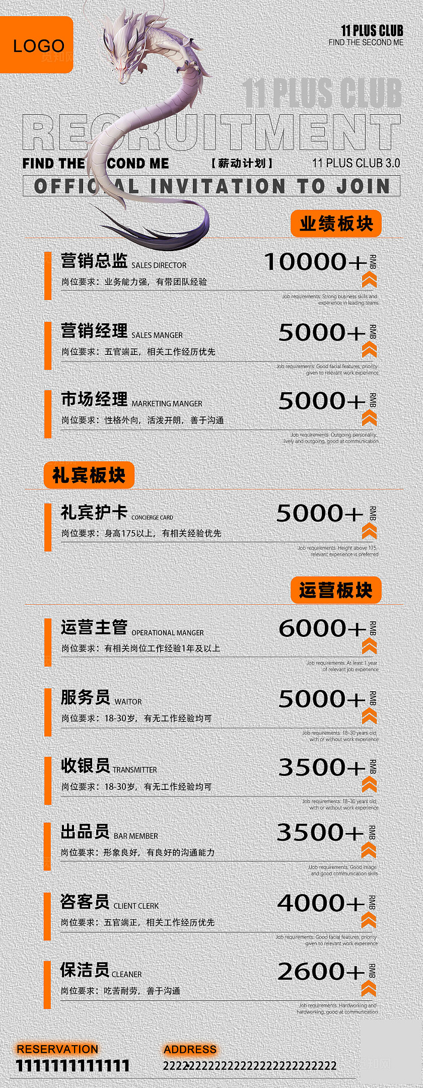 灰色橙色简约招聘海报