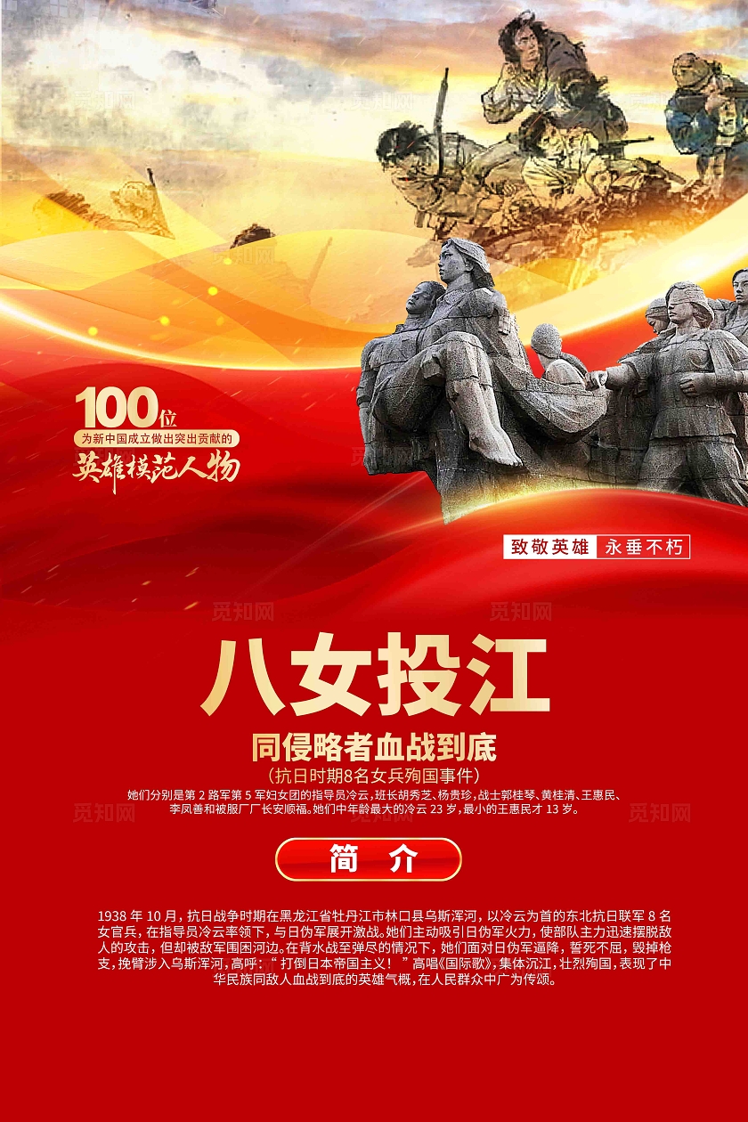 100位新中国成立作出突出贡献的英雄模范人物八女投江人物简介海报