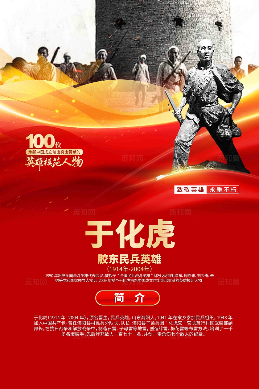100位为新中国成立作出突出贡献的英雄模范人物于华虎人物简介海报