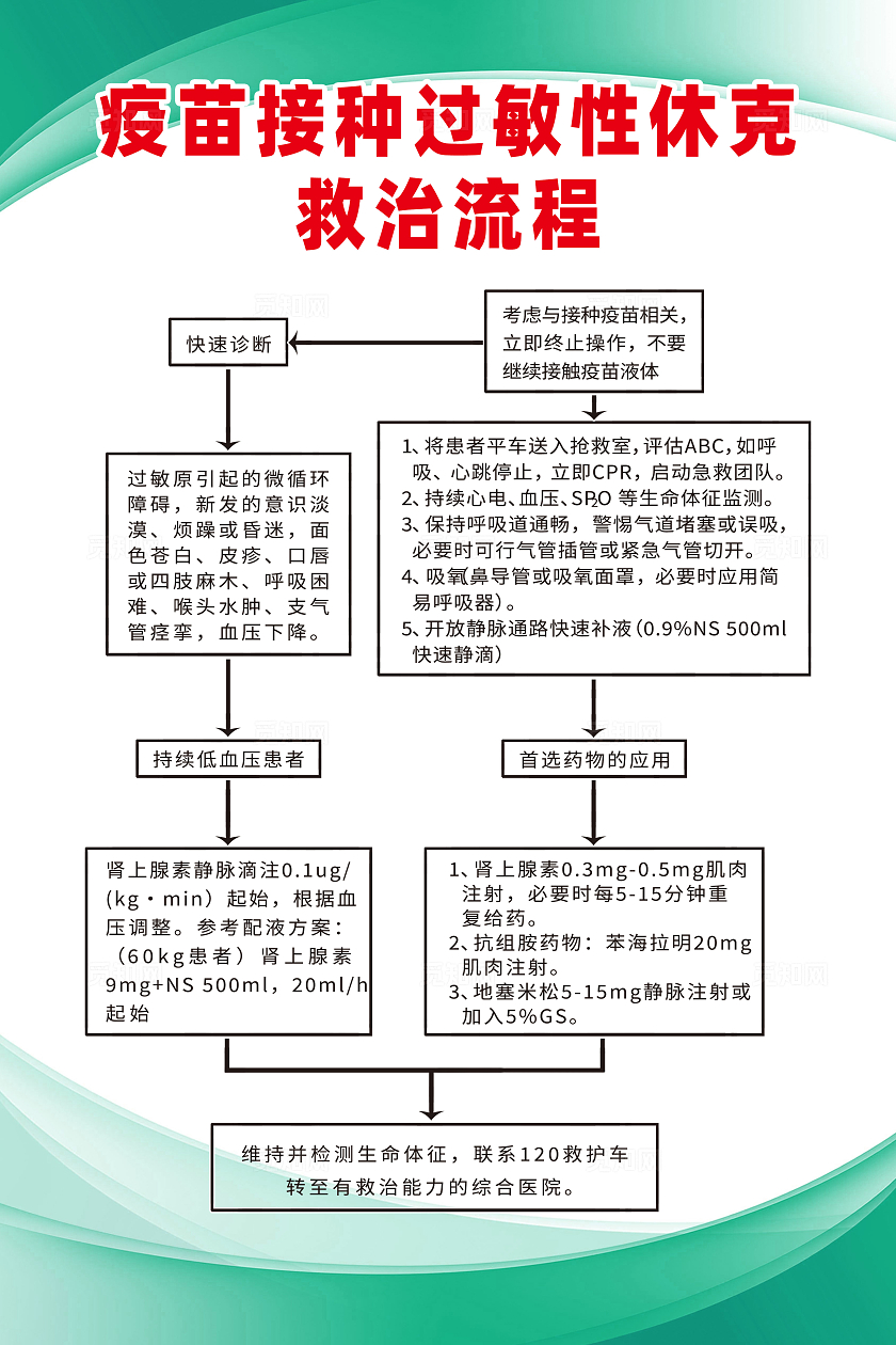 绿色简约疫苗接种过敏性休克的抢救流程过敏性休克海报宣传