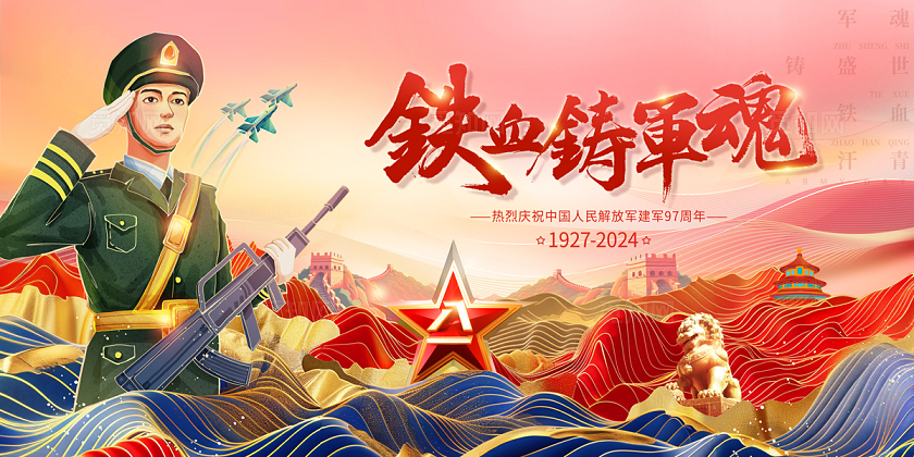 建军节2024红色党建建军节铁血铸军魂展板