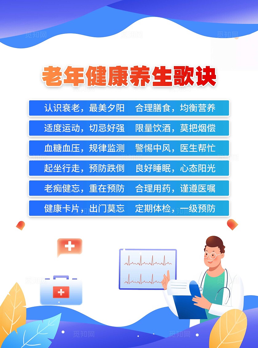 蓝色卡通老年人养生老年人用药十不要养生歌宣传单