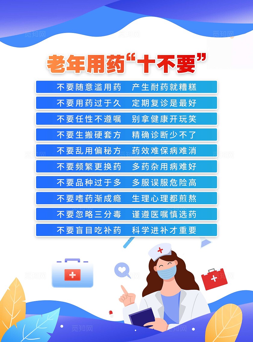 蓝色卡通老年人养生老年人用药十不要养生歌宣传单