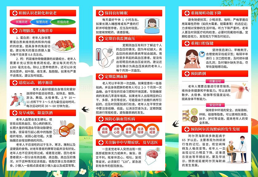 蓝色卡通老人健康核心信息20条三折页老年人健康