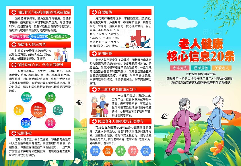 蓝色卡通老人健康核心信息20条三折页老年人健康