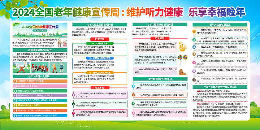 蓝绿色小清新2024年全国老年人健康宣传周宣传栏背景全国老年健康宣传周