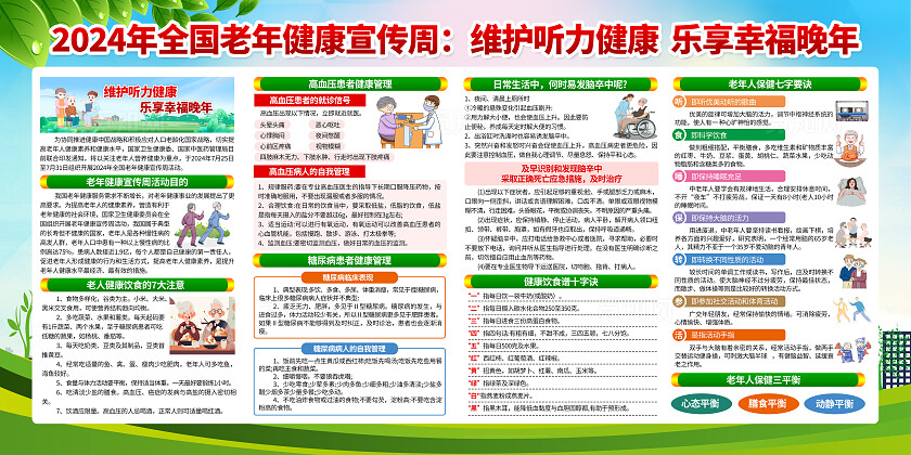 蓝绿色小清新2024年老年人健康宣传知识宣传栏背景全国老年健康宣传周
