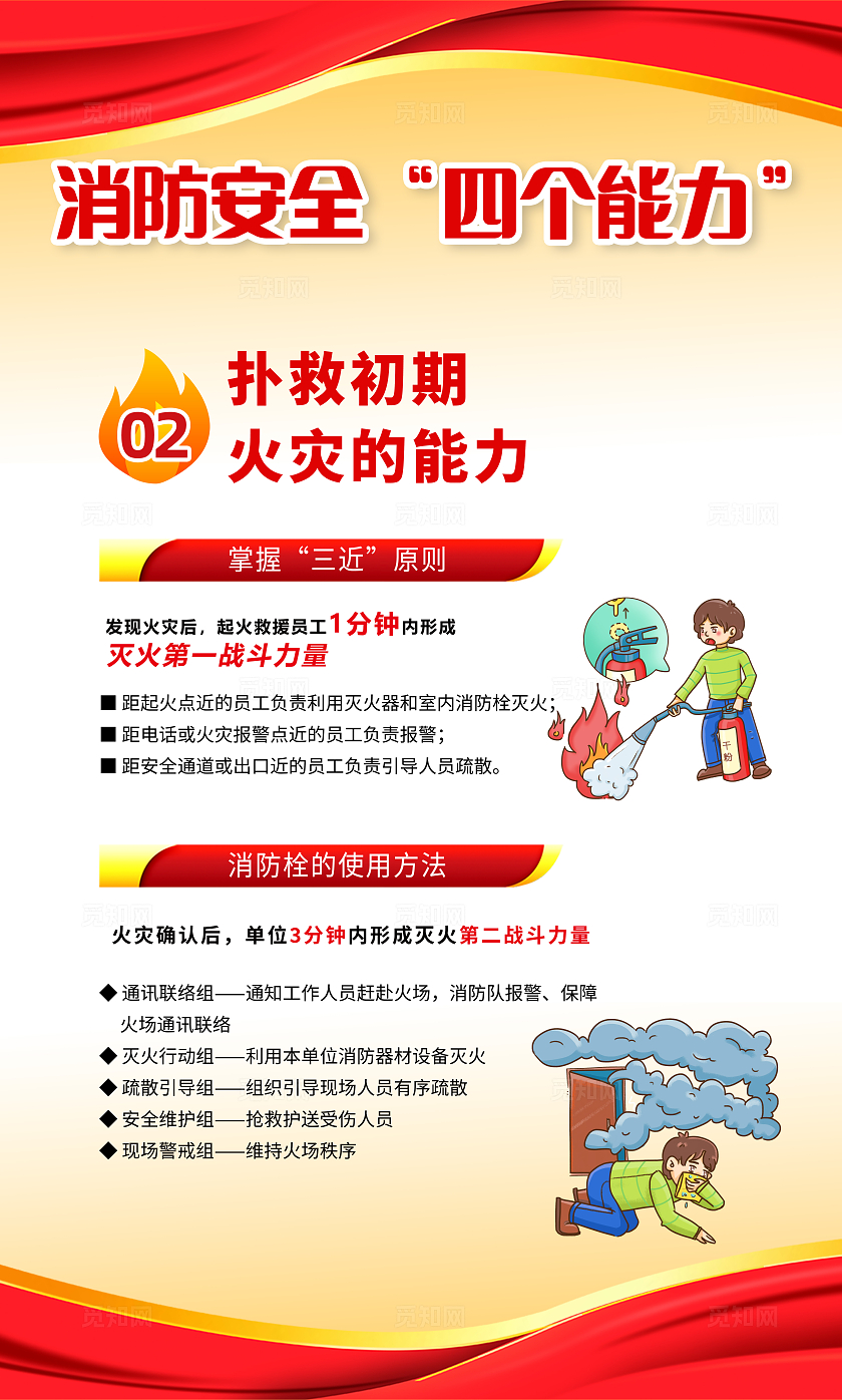 红色大气消防安全知识海报挂画消防安全三提示