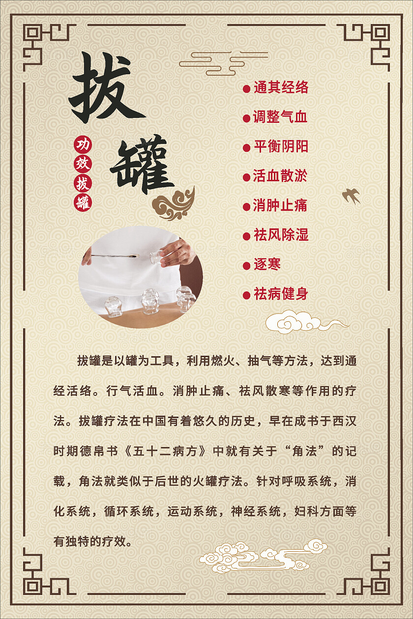 简约古典针灸艾灸拔罐推拿养生海报