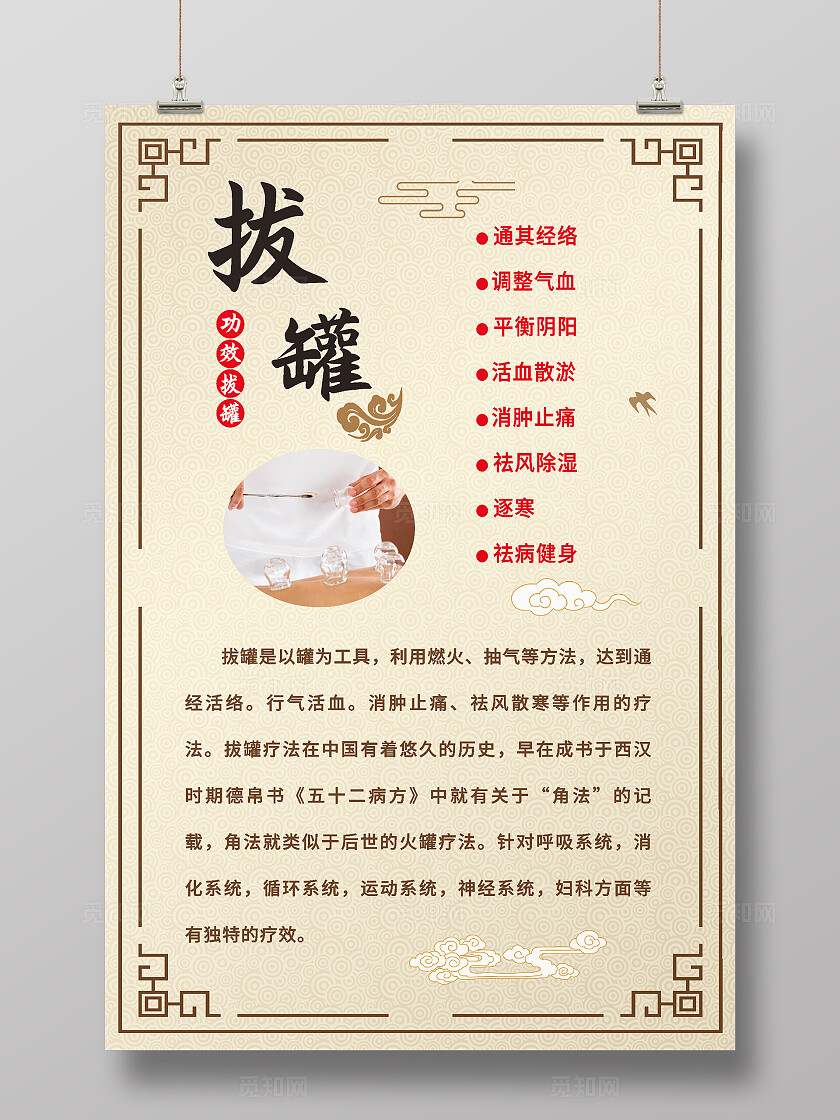 简约古典针灸艾灸拔罐推拿养生海报