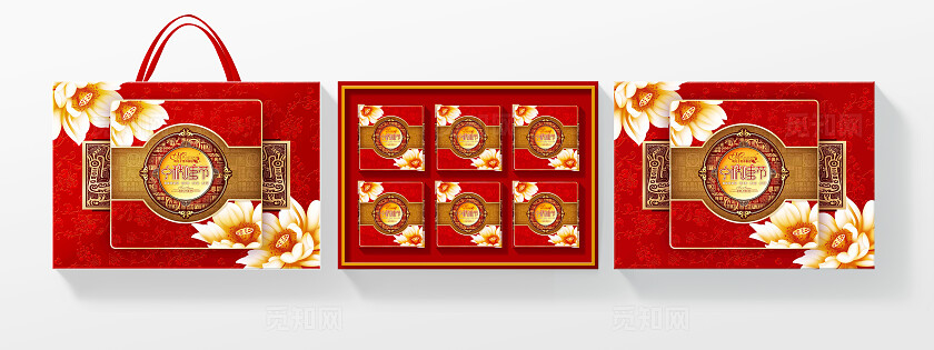 红色大气中式中秋节礼盒中秋月饼包装中秋包装设计