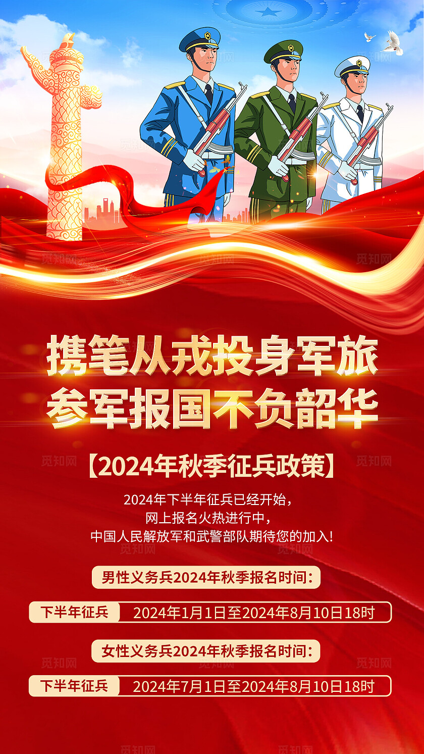 红色简约秋季征兵征兵政策入伍流程海报背景
