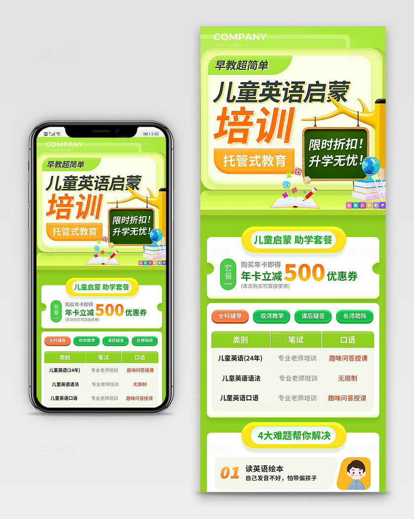 绿色卡通风少儿英语教育培训详情页长图
