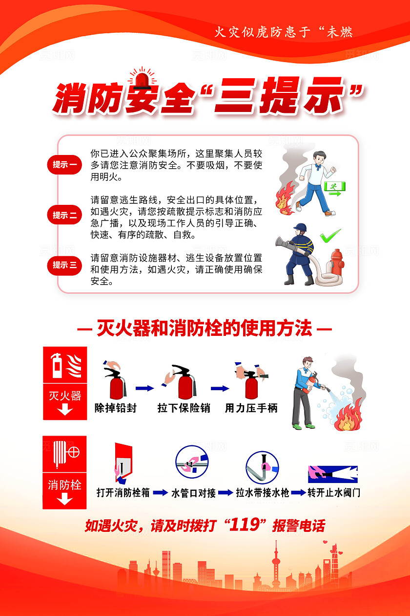 红色金色简约大气创意消防安全一懂三会三提示文案双面手机海报消防安全三提示