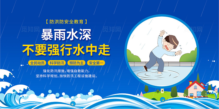 蓝色卡通创意防汛防灾抗洪抢险救灾文案展板海报套图