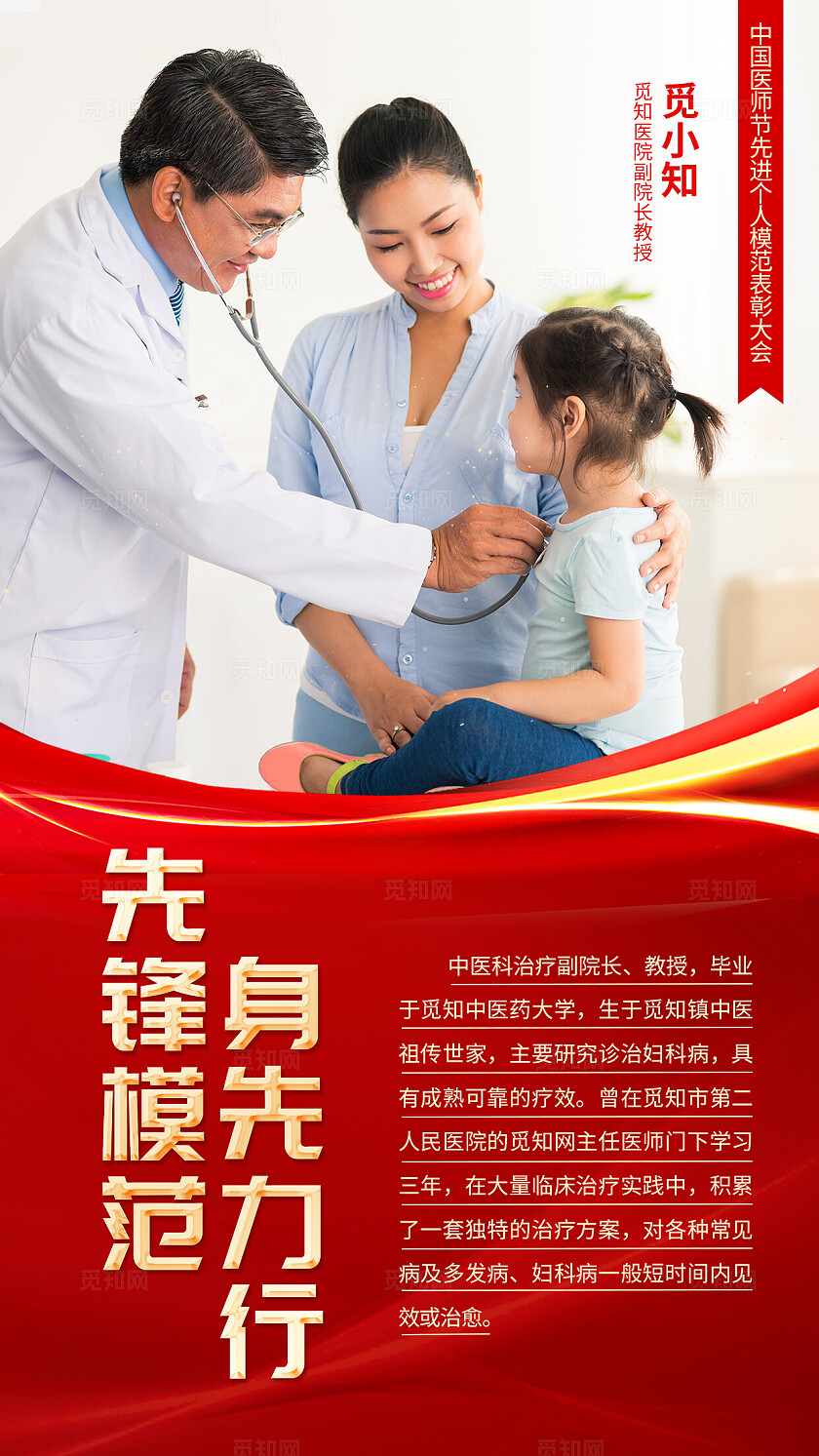 红色简约中国医师节表彰大会医师介绍简介手机海报背景