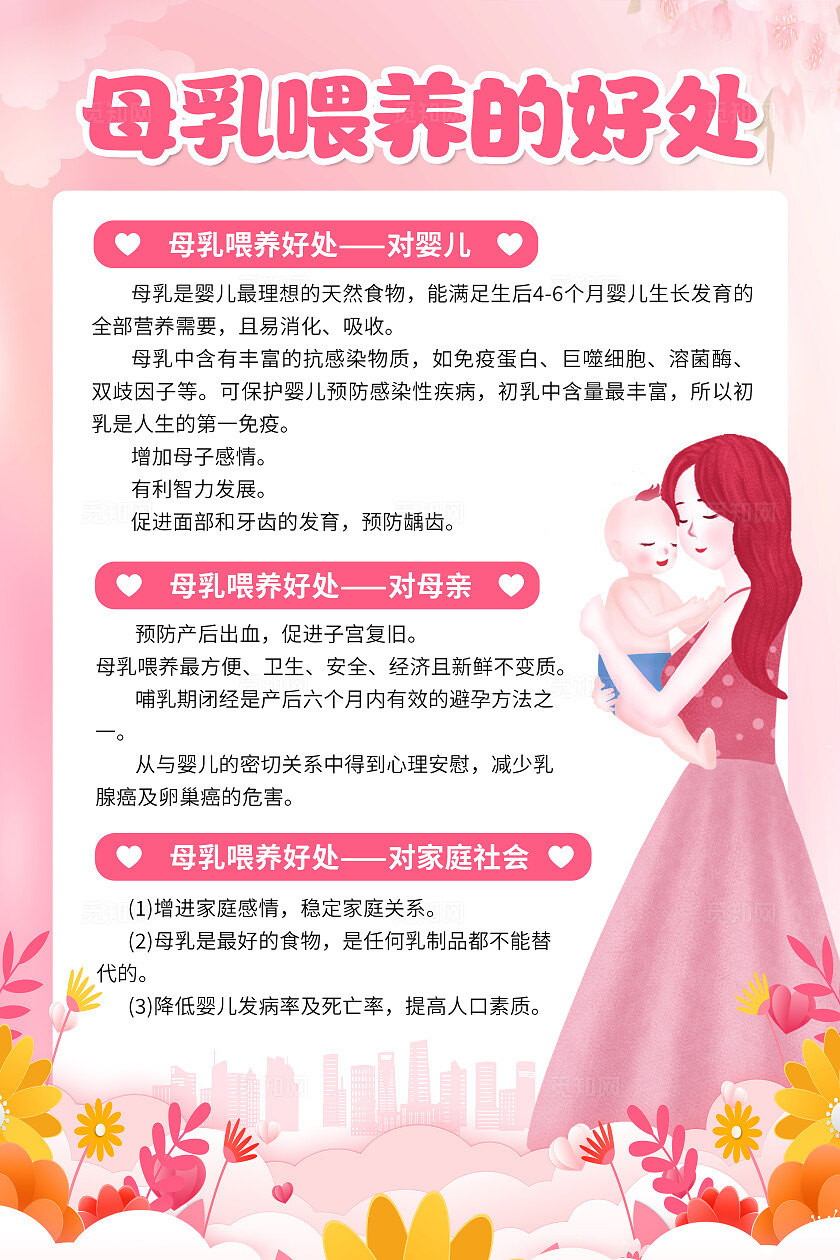 粉色扁平化母乳喂养母乳喂养的好处海报背景母乳喂养好处