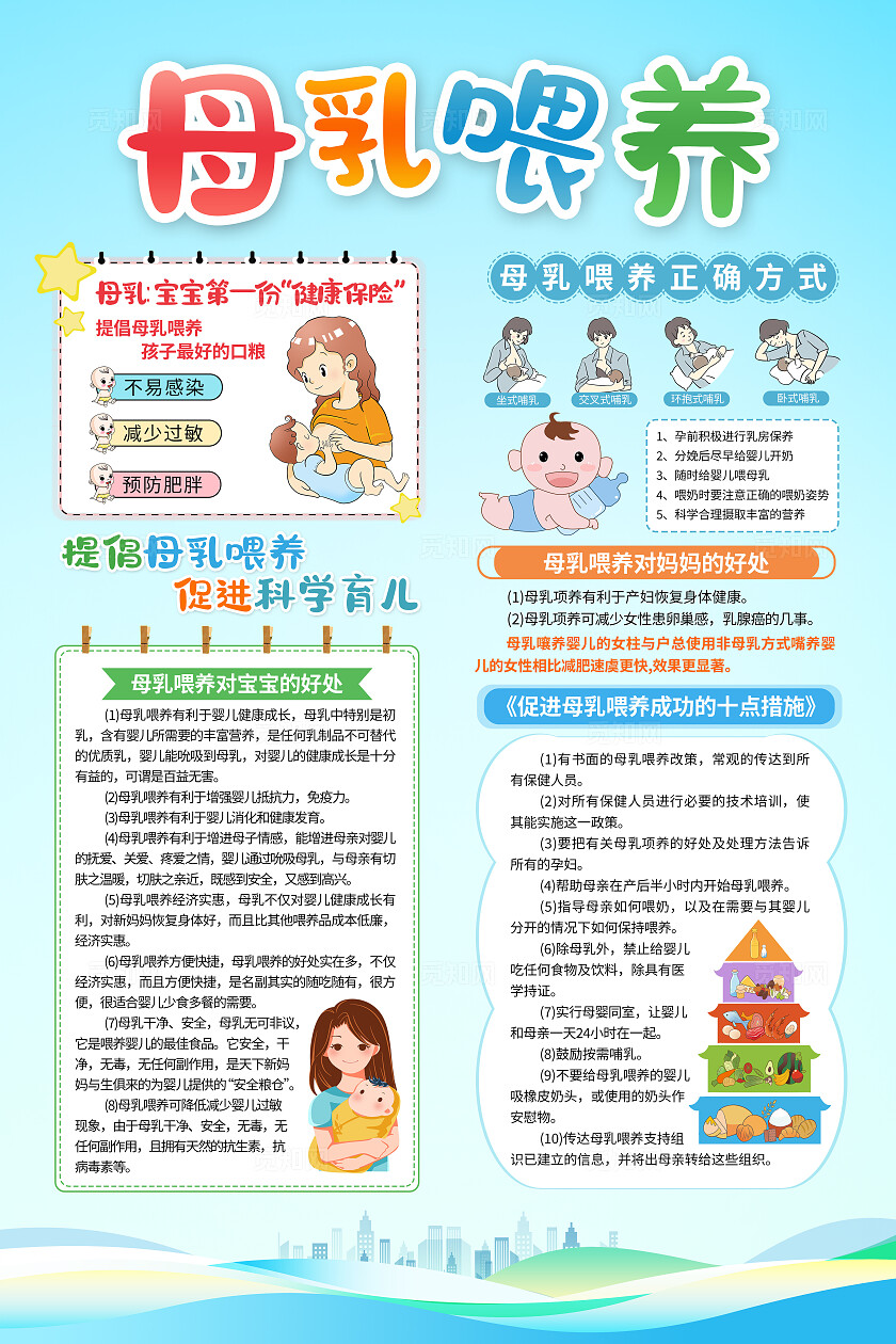 蓝色简约母乳喂养母乳喂养方式好处海报背景母乳喂养好处