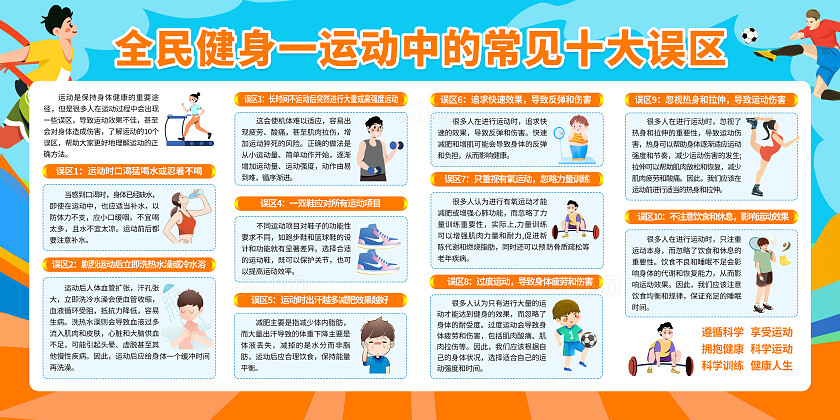 蓝色卡通全民健身运动十大误区知识宣传展板背景科学健身