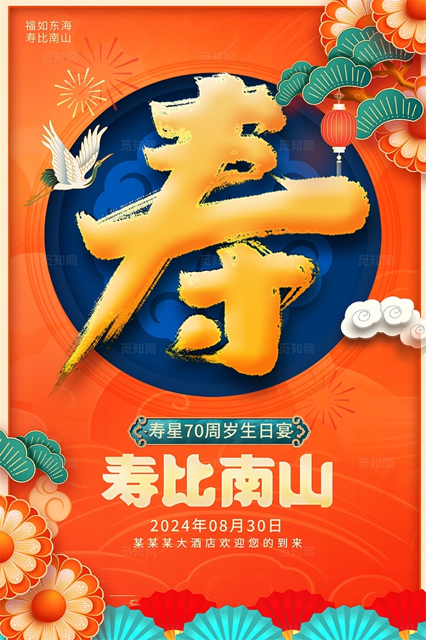 红色大气80大寿宣传海报设计祝寿