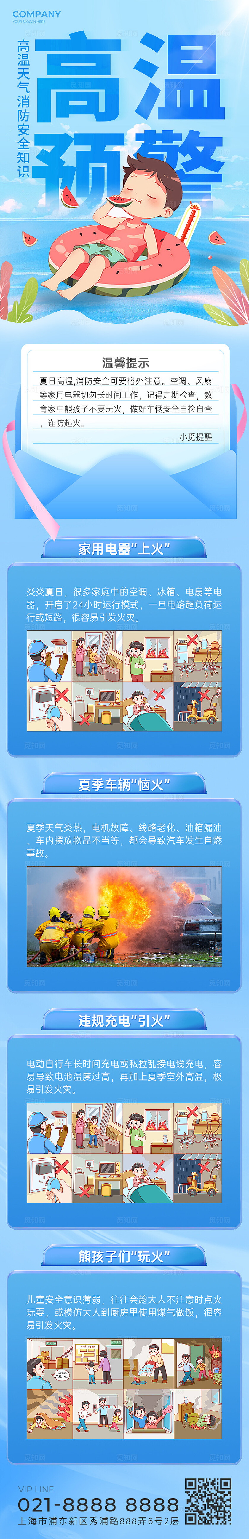 蓝色卡通夏季高温防火预警长图
