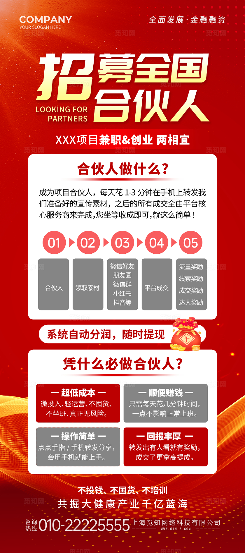 红色金色光效创意招人招聘全国合伙人招募文案展架合伙人招募招聘