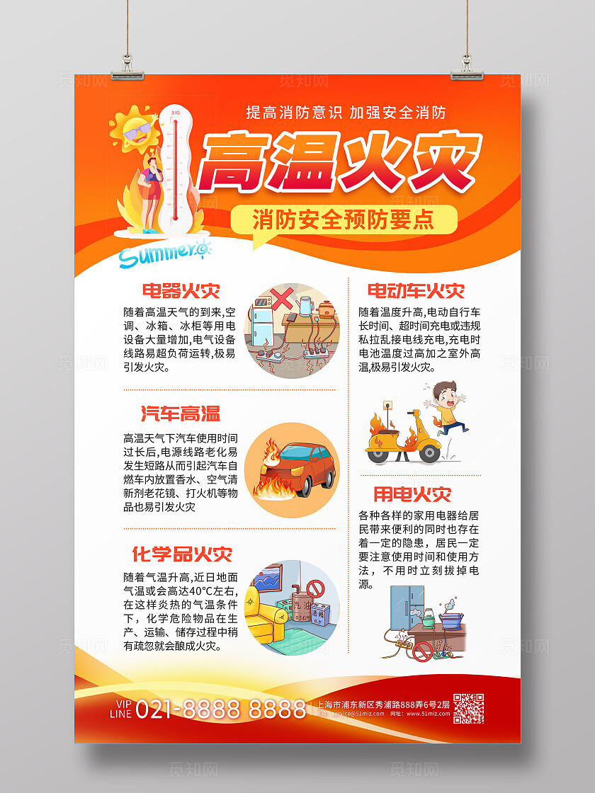 橘色橙色插画风创意高温预警防暑夏天夏季高温防火手机宣传海报