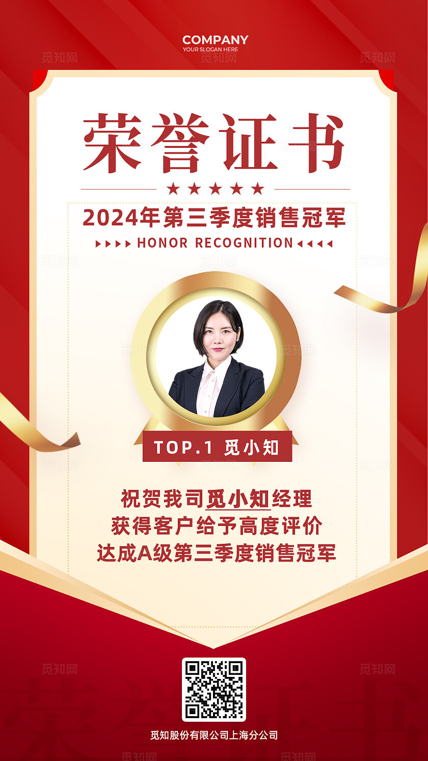 红色简约销售保险地产荣誉证书销售冠军手机海报