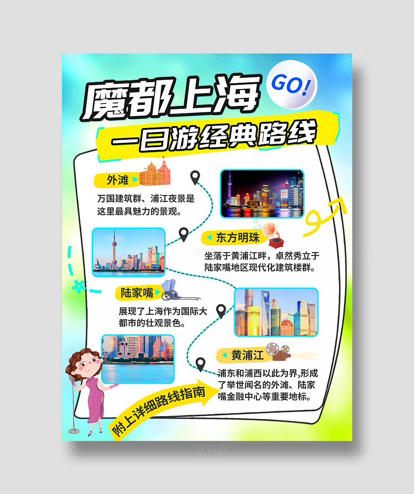 蓝色小清新旅游攻略上海城市citywalk线路小红书配图封面海报