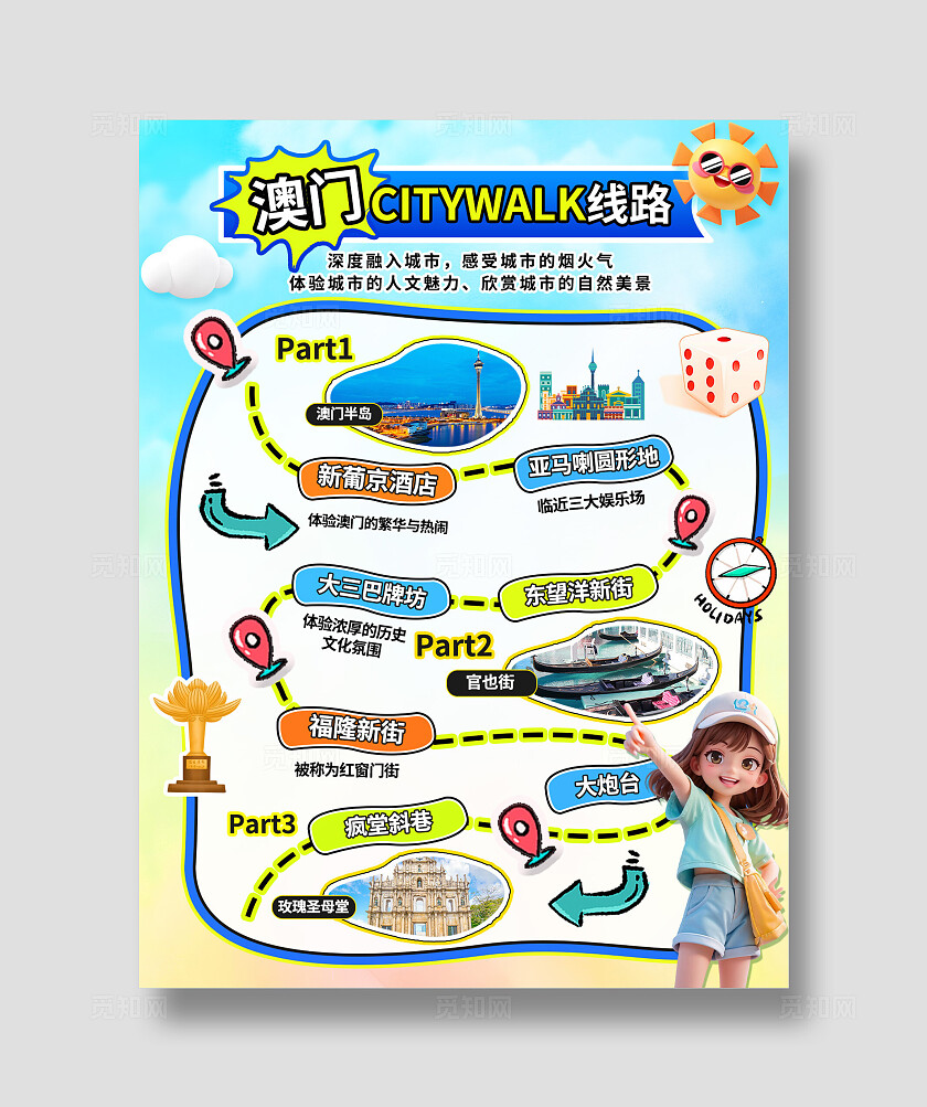 蓝色清新澳门城市旅游攻略citywalk线路图小红书配图封面海报